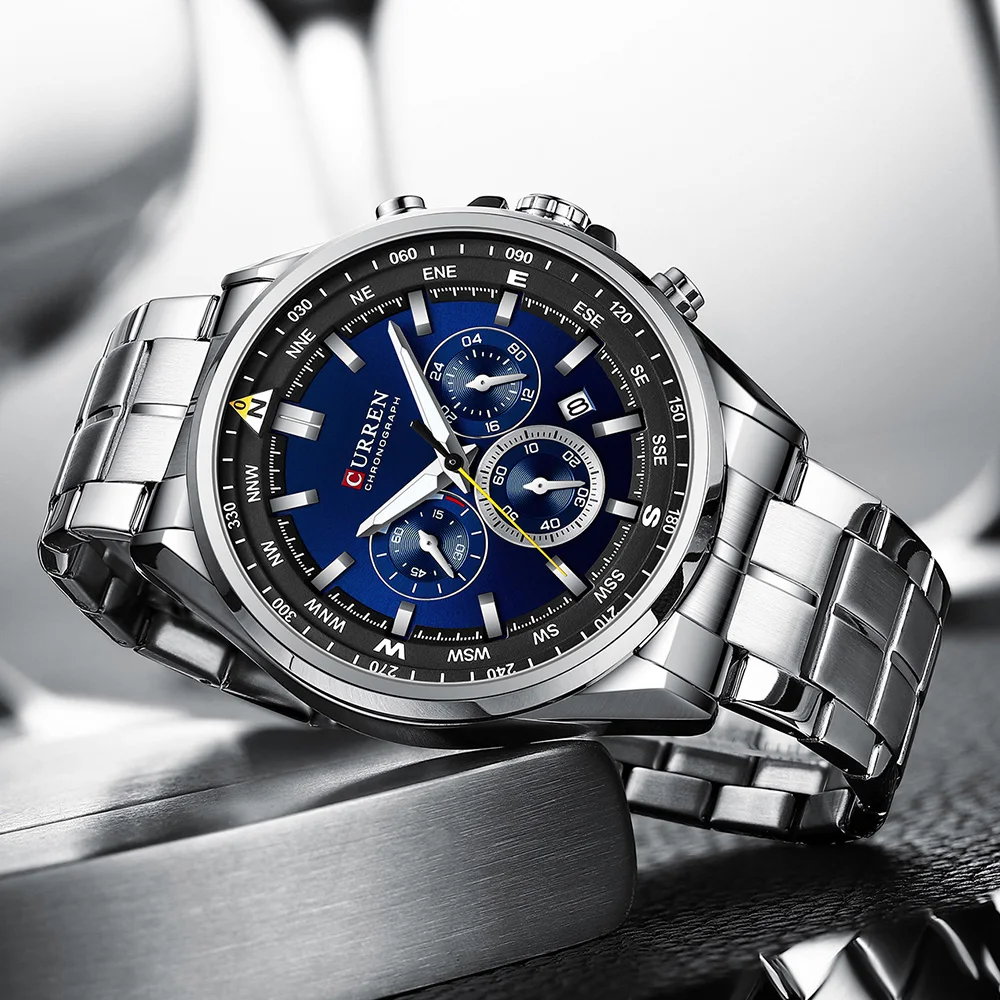 CURREN Luxury Brand Watches for Men Casual Sporty Quartz Wristwatch with Stainless Steel Band Chronograph Clock Male Silver