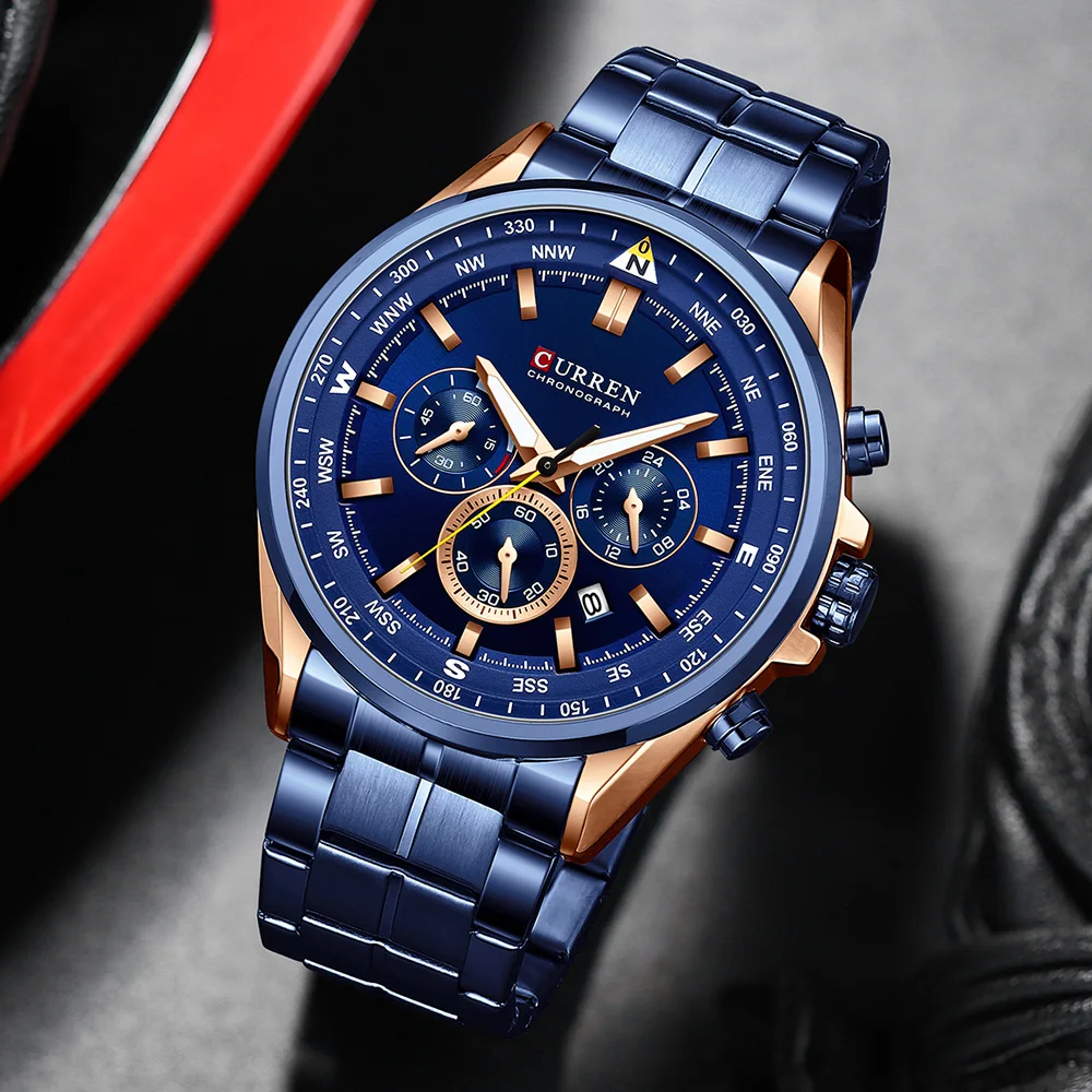 CURREN Luxury Brand Watches for Men Casual Sporty Quartz Wristwatch with Stainless Steel Band Chronograph Clock Male Silver