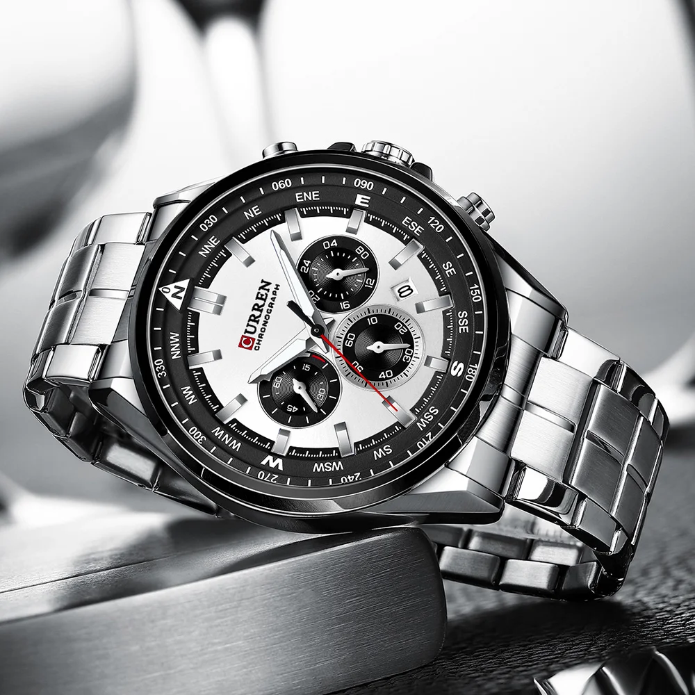 CURREN Luxury Brand Watches for Men Casual Sporty Quartz Wristwatch with Stainless Steel Band Chronograph Clock Male Silver