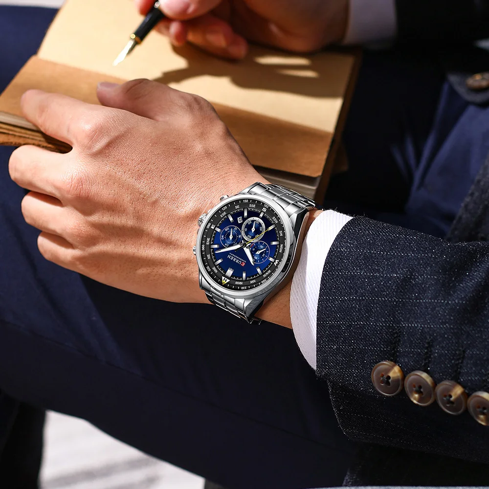 CURREN Luxury Brand Watches for Men Casual Sporty Quartz Wristwatch with Stainless Steel Band Chronograph Clock Male Silver