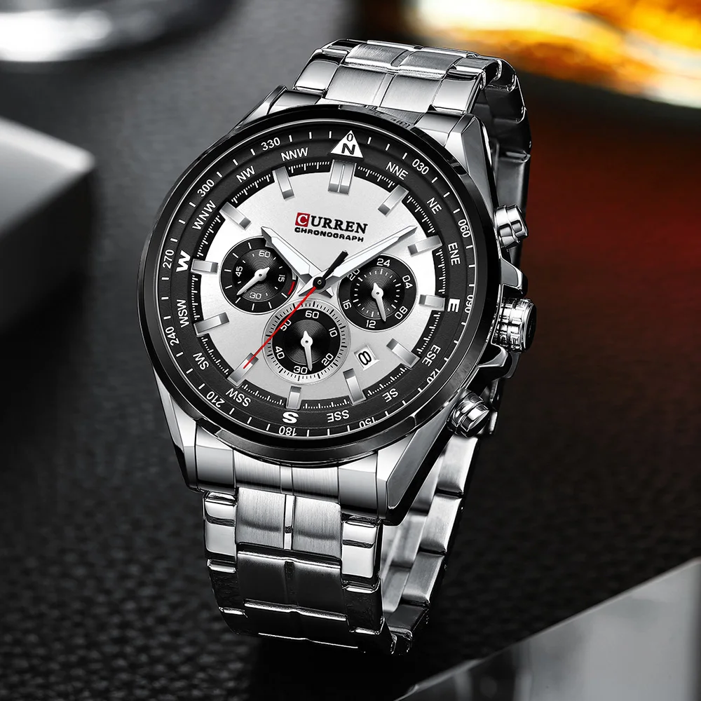 CURREN Luxury Brand Watches for Men Casual Sporty Quartz Wristwatch with Stainless Steel Band Chronograph Clock Male Silver