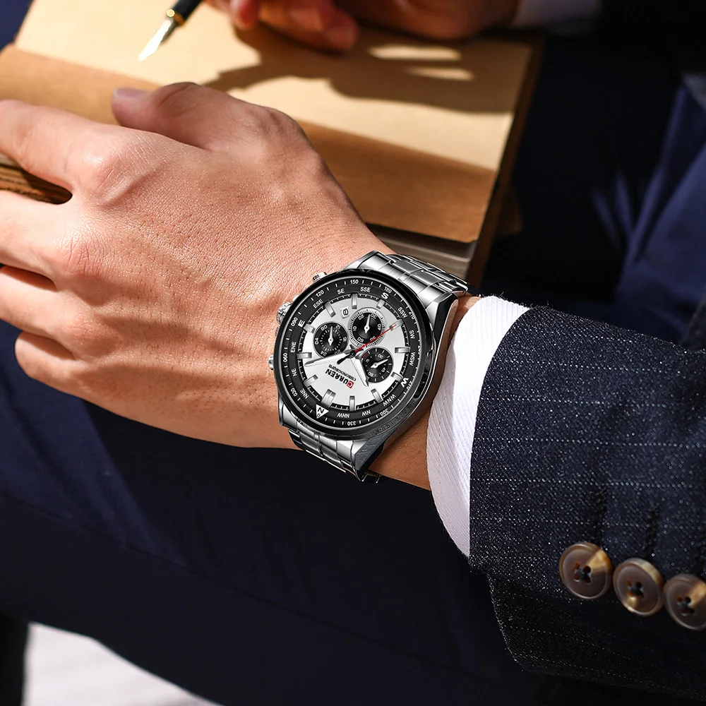 CURREN Luxury Brand Watches for Men Casual Sporty Quartz Wristwatch with Stainless Steel Band Chronograph Clock Male Silver
