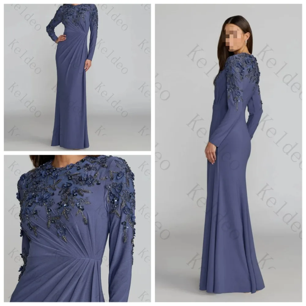 Customized Dusty Blue Jersey Evening Gown Round Neck Long Sleeve 3D Floral Beaded Ruched Dress for Mother of Bride Formal Party