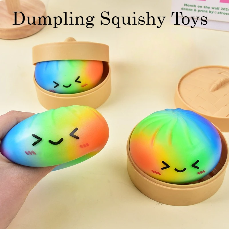 Rainbow Dumpling Squishy Toy TPR Slow Rising Stress Reliever Fidget Ball with Steamer Basket Squeeze Toys Gift for Adult