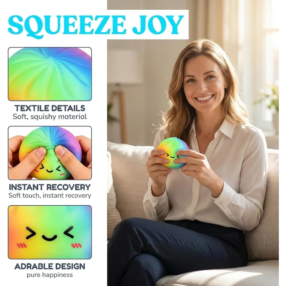 Rainbow Dumpling Squishy Toy TPR Slow Rising Stress Reliever Fidget Ball with Steamer Basket Squeeze Toys Gift for Adult