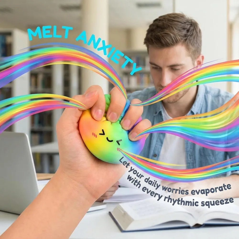 Rainbow Dumpling Squishy Toy TPR Slow Rising Stress Reliever Fidget Ball with Steamer Basket Squeeze Toys Gift for Adult