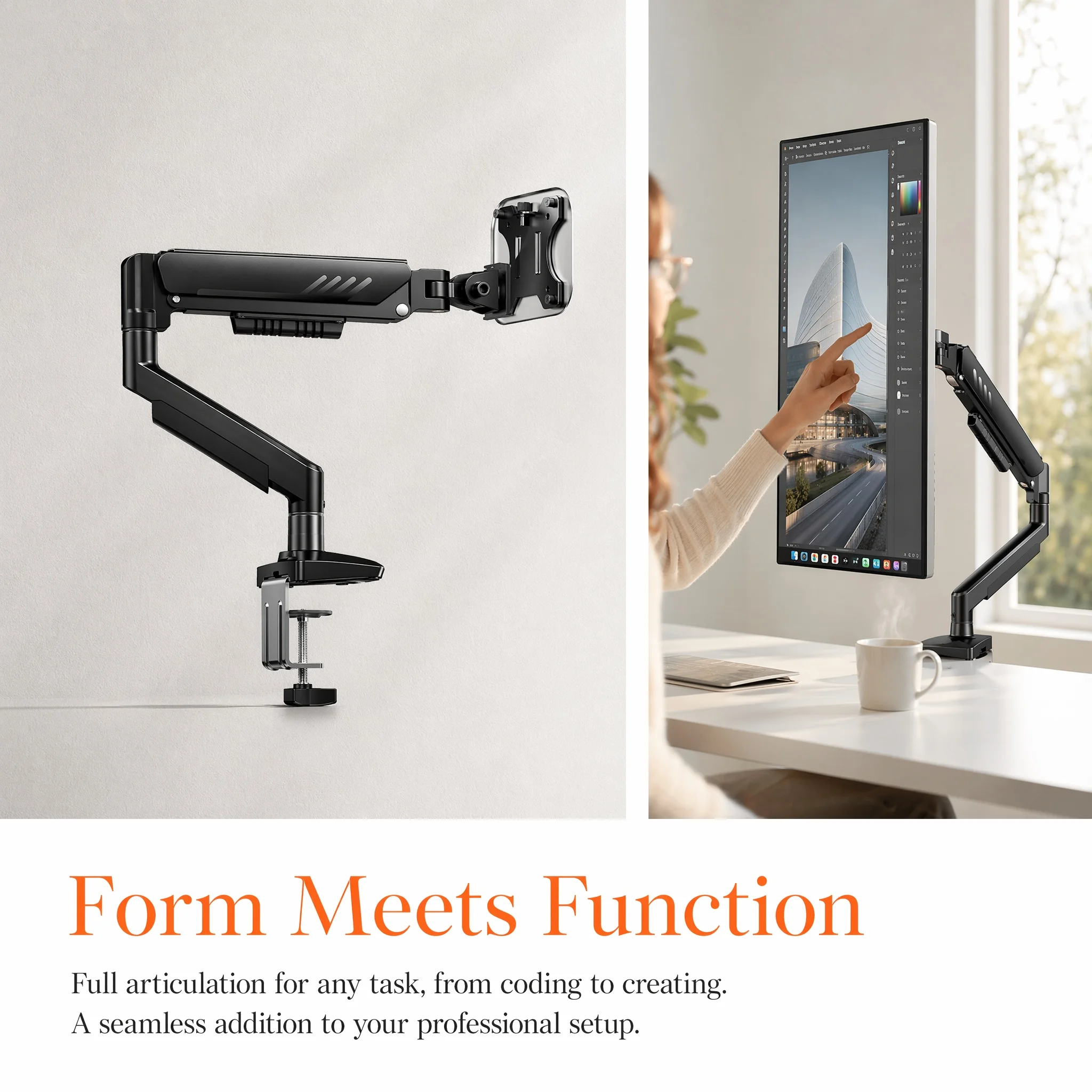 Single Monitor Arm 13-34 Inch, Adjustable Gas Spring Arm, Monitor Desk Mount for 4.4-19lbs, VESA 75/100mm with C-Clamp/Grommet Base, Ergonomic Stand for Work/Gaming