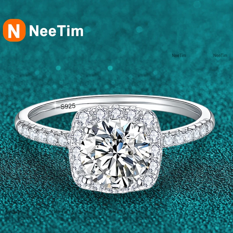 NeeTim D Color Moissanite Ring 925 Sterling Silver with White Gold Plated Sparkling Rings for Women Wedding Band Jewelry Gifts