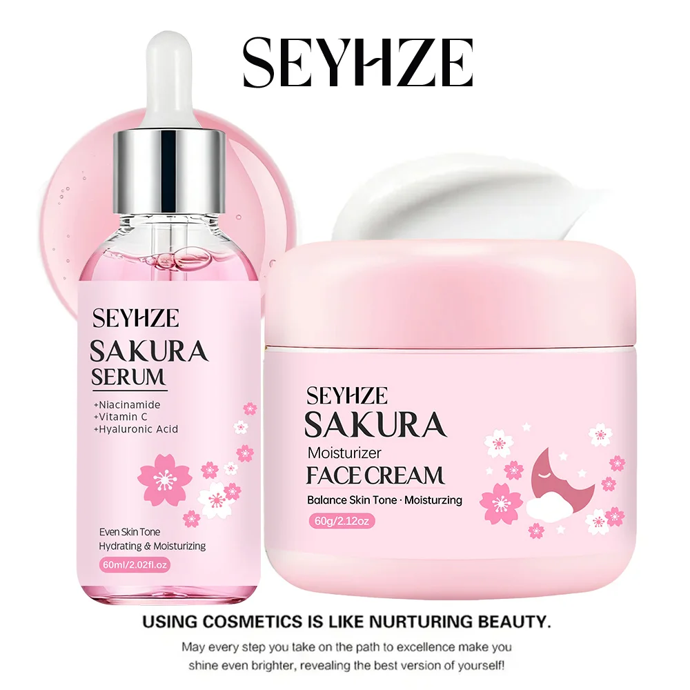 SEYHZE Sakura Collagen Essence + Moisturizing Cream Facial Care Set - 2pcs Packed with Collagen Peptides Vitamin C/E Aloe Niacin