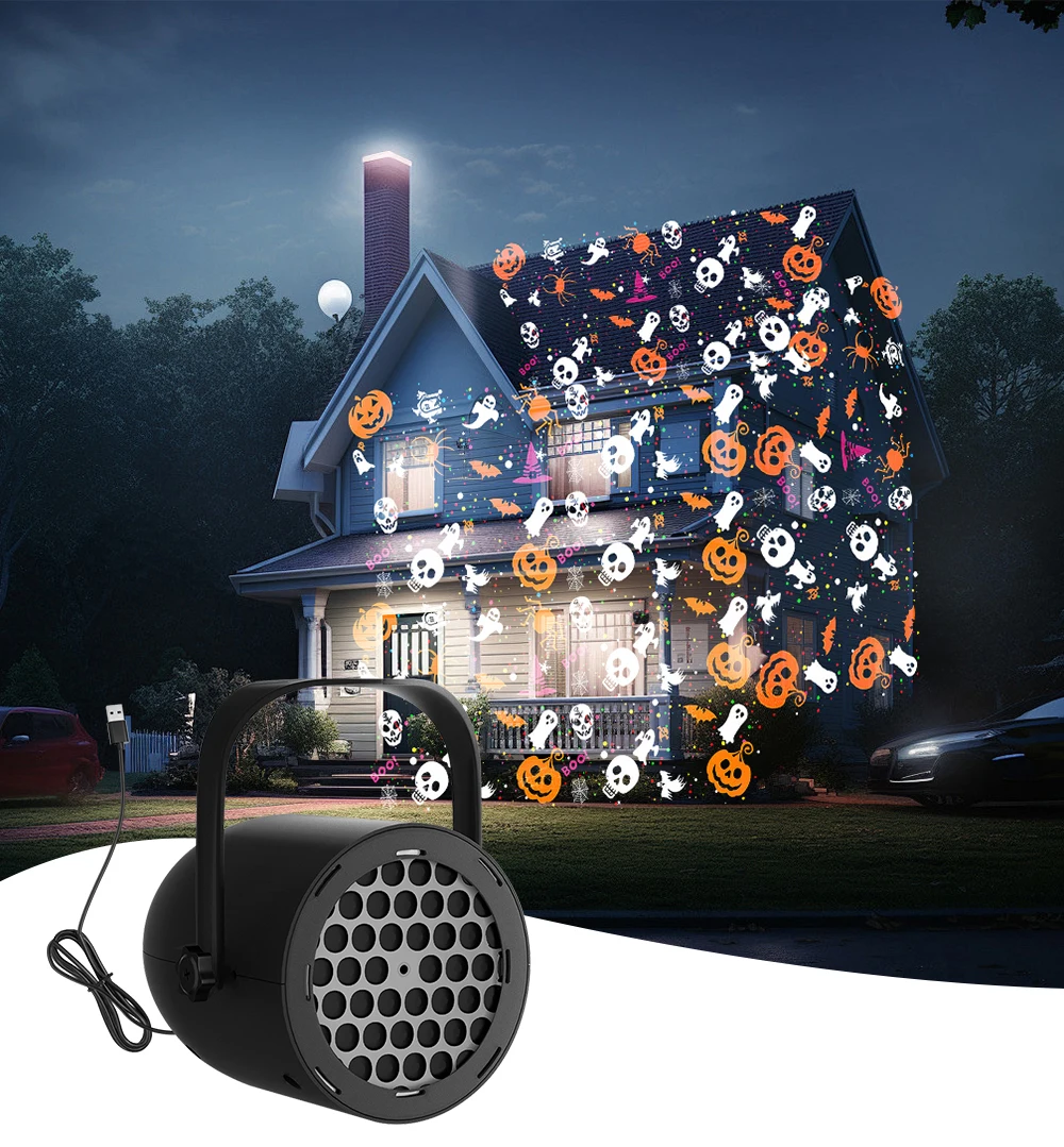 LED Halloween Christmas Pattern Projection Light USB 5V Party Decorative Lamp Pumpkin Ghost Snowflake Rotating Projector Lamp