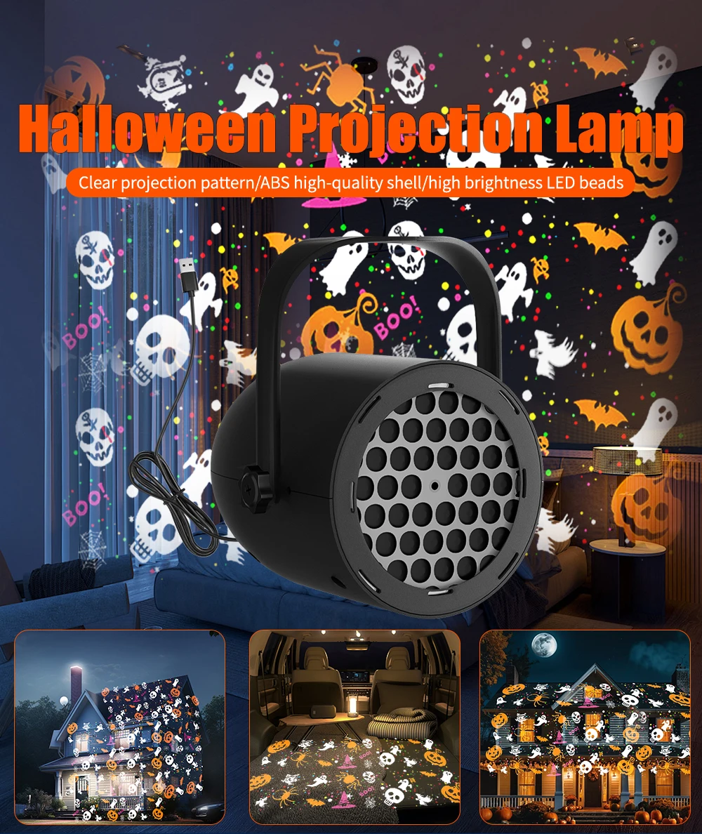 LED Halloween Christmas Pattern Projection Light USB 5V Party Decorative Lamp Pumpkin Ghost Snowflake Rotating Projector Lamp