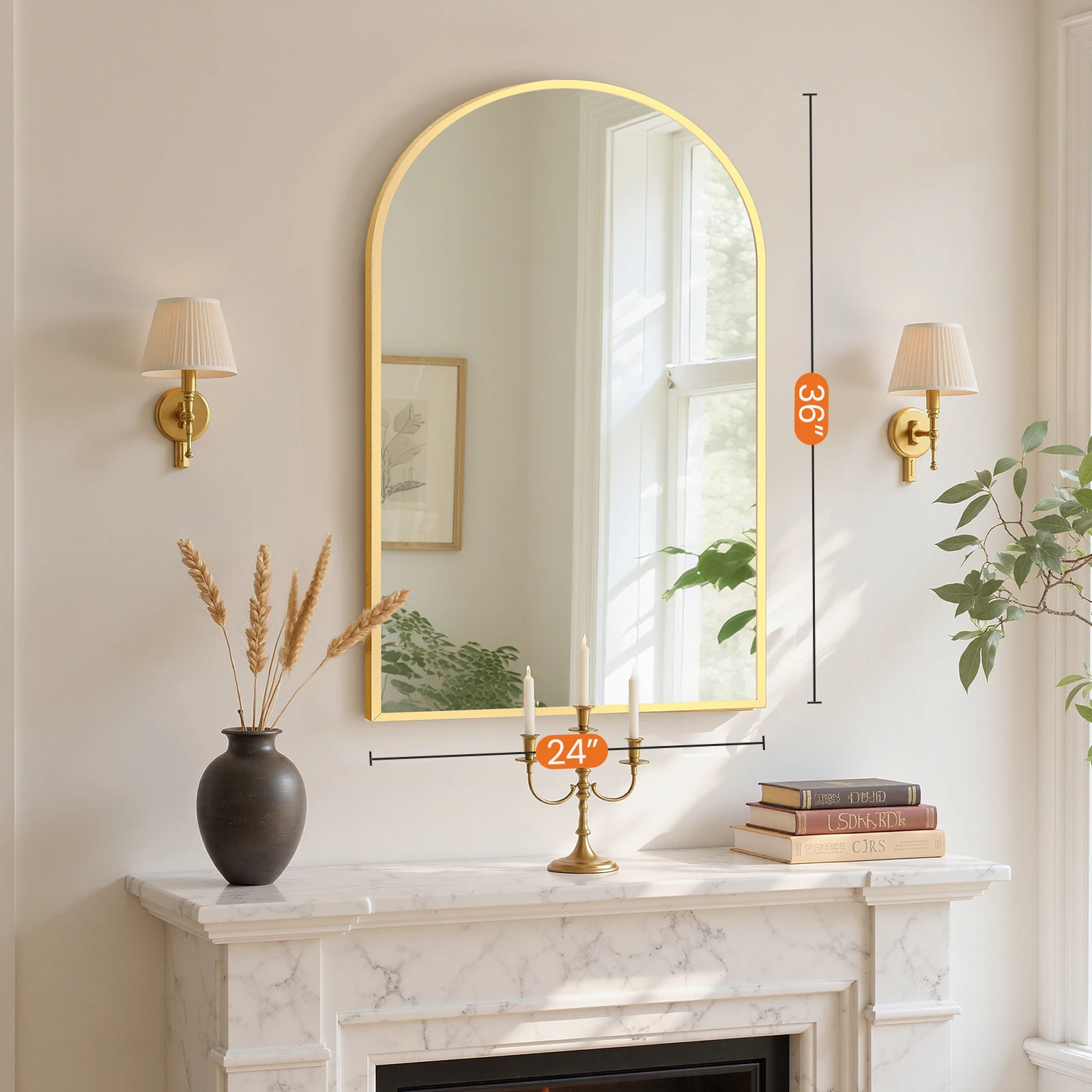 MCQ Arched Bathroom Mirror or Over Sink Wall Mounted Aluminum Alloy Frame Mirror Horizontal or Vertical Hanging Modern Wall Mount Vanity Mirror for Home
