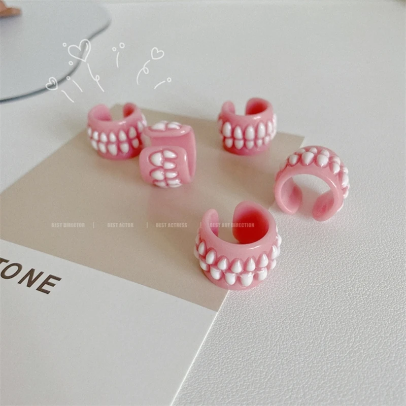 Punk Funny Colorful Acrylic Teeth Rings For Women Hip Hop Cartoon Teeth Mouth Ring Geometric Resin Ring Party Jewelry
