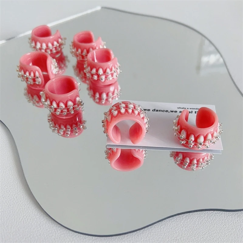 Punk Funny Colorful Acrylic Teeth Rings For Women Hip Hop Cartoon Teeth Mouth Ring Geometric Resin Ring Party Jewelry