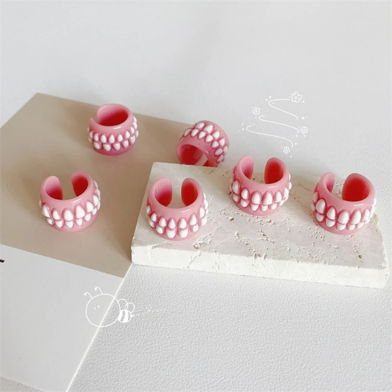 Punk Funny Colorful Acrylic Teeth Rings For Women Hip Hop Cartoon Teeth Mouth Ring Geometric Resin Ring Party Jewelry