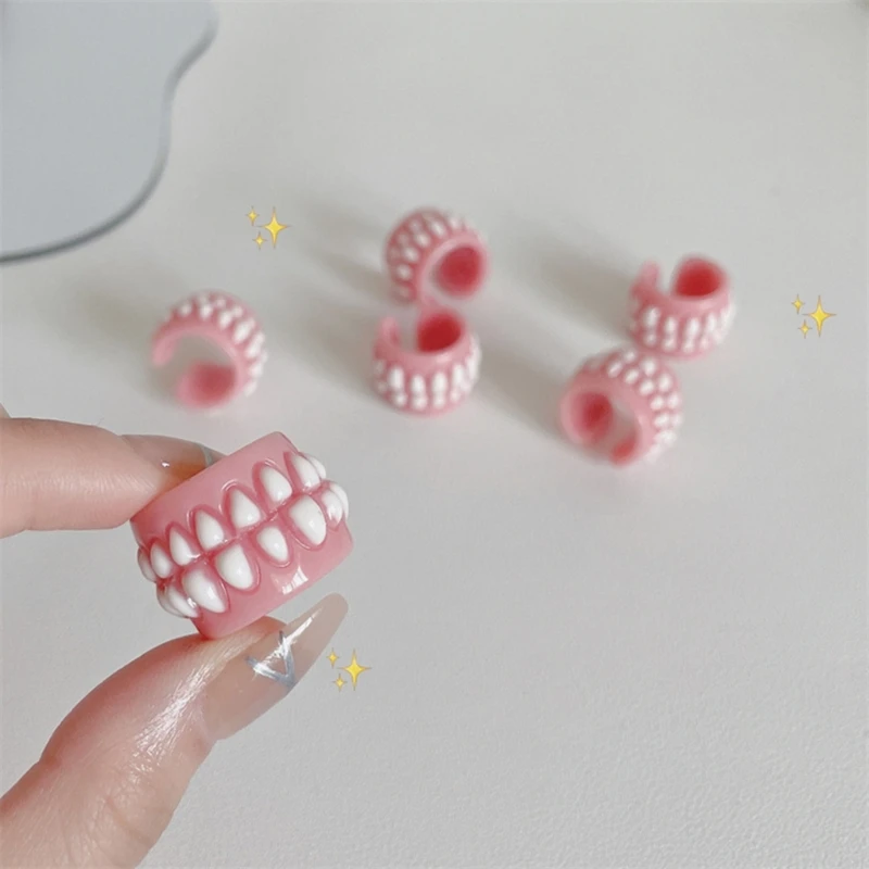 Punk Funny Colorful Acrylic Teeth Rings For Women Hip Hop Cartoon Teeth Mouth Ring Geometric Resin Ring Party Jewelry