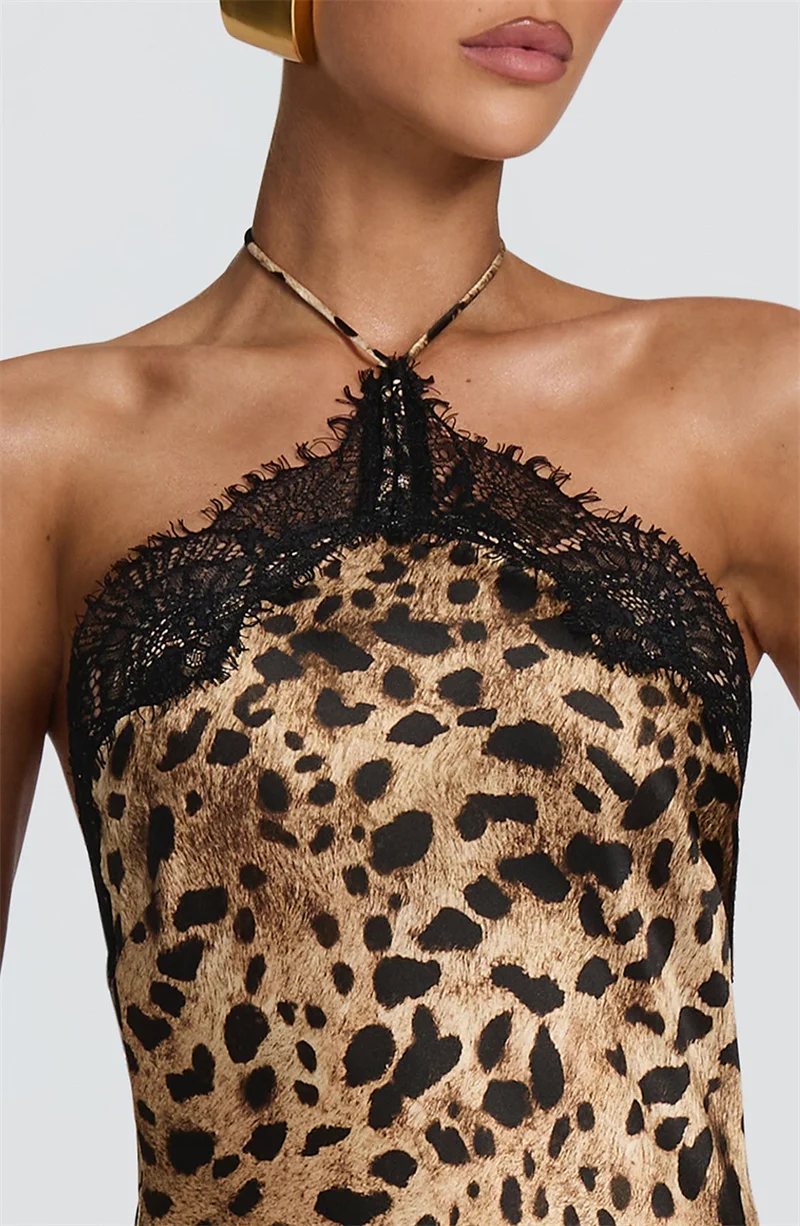 Blifanbo Halter Neck Leopard Print Sexy Maxi Dress Women Elegant Off-shoulder Stain Sleeveless Backless Club Party Long Dress