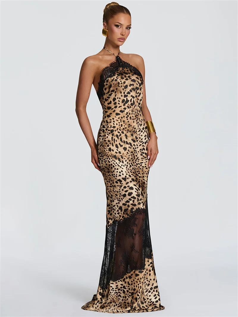 Blifanbo Halter Neck Leopard Print Sexy Maxi Dress Women Elegant Off-shoulder Stain Sleeveless Backless Club Party Long Dress