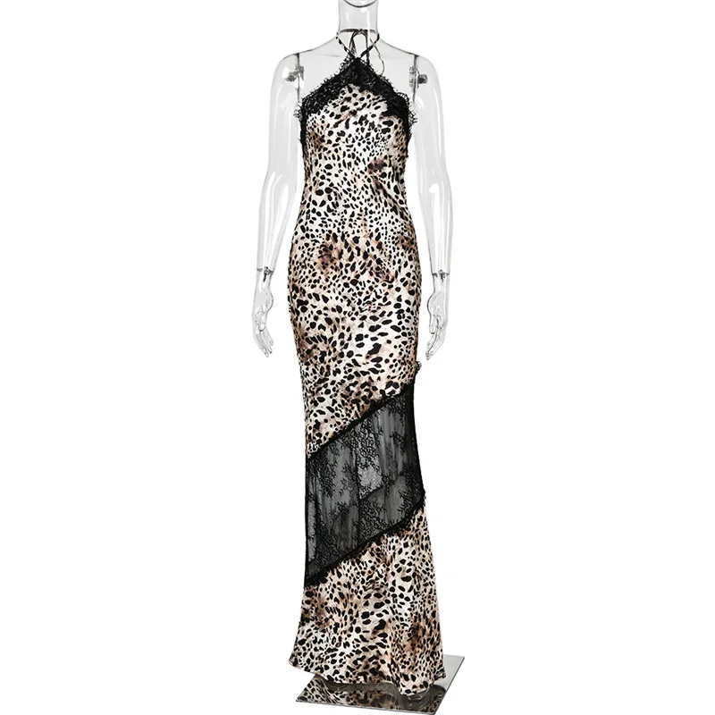 Blifanbo Halter Neck Leopard Print Sexy Maxi Dress Women Elegant Off-shoulder Stain Sleeveless Backless Club Party Long Dress