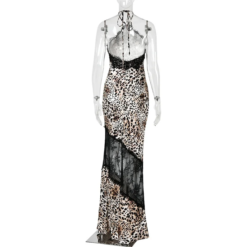 Blifanbo Halter Neck Leopard Print Sexy Maxi Dress Women Elegant Off-shoulder Stain Sleeveless Backless Club Party Long Dress