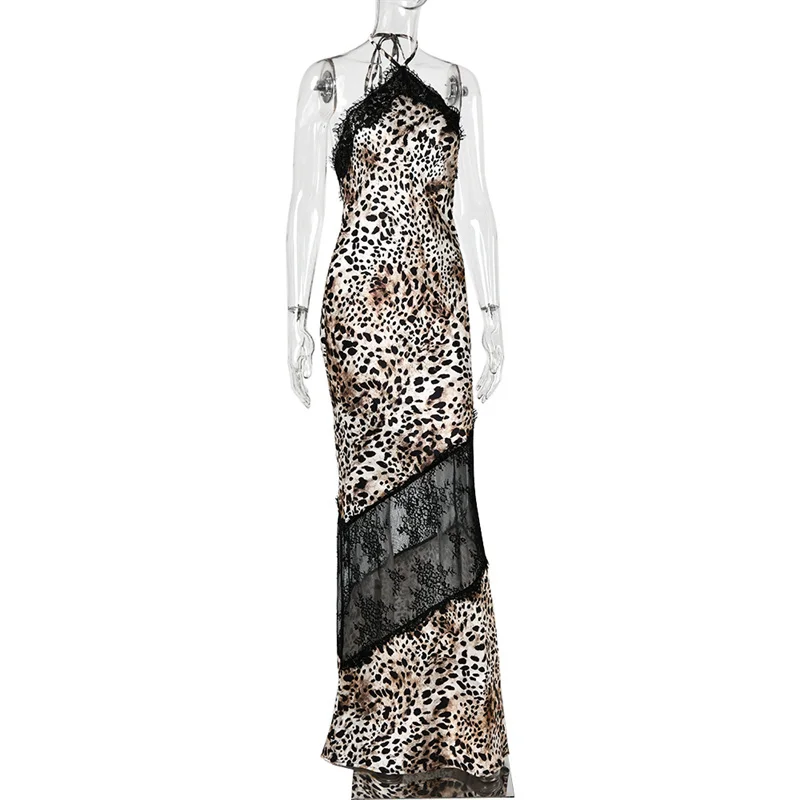 Blifanbo Halter Neck Leopard Print Sexy Maxi Dress Women Elegant Off-shoulder Stain Sleeveless Backless Club Party Long Dress