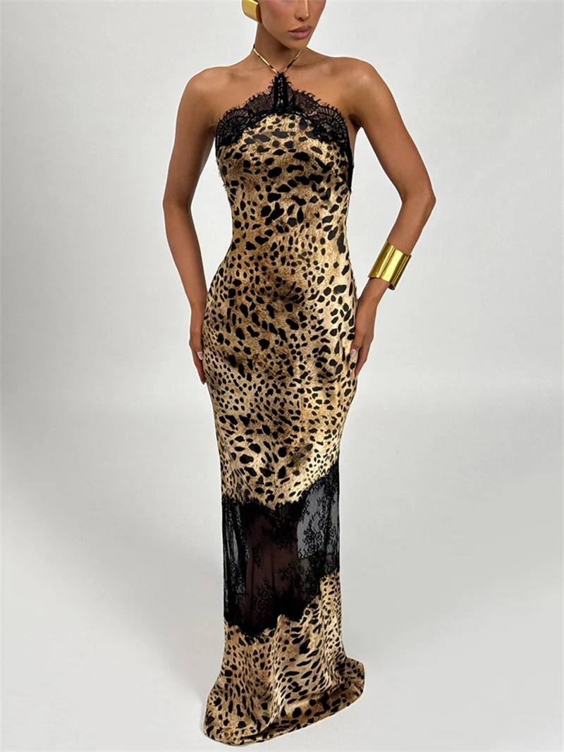 Blifanbo Halter Neck Leopard Print Sexy Maxi Dress Women Elegant Off-shoulder Stain Sleeveless Backless Club Party Long Dress