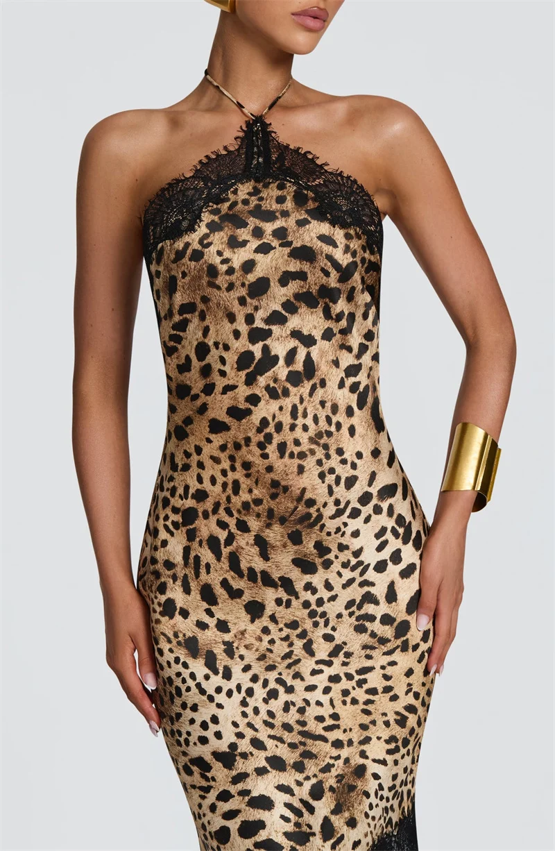 Blifanbo Halter Neck Leopard Print Sexy Maxi Dress Women Elegant Off-shoulder Stain Sleeveless Backless Club Party Long Dress