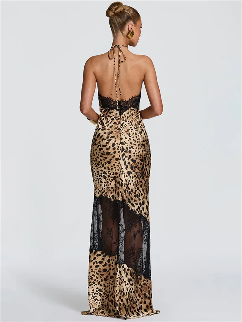Blifanbo Halter Neck Leopard Print Sexy Maxi Dress Women Elegant Off-shoulder Stain Sleeveless Backless Club Party Long Dress