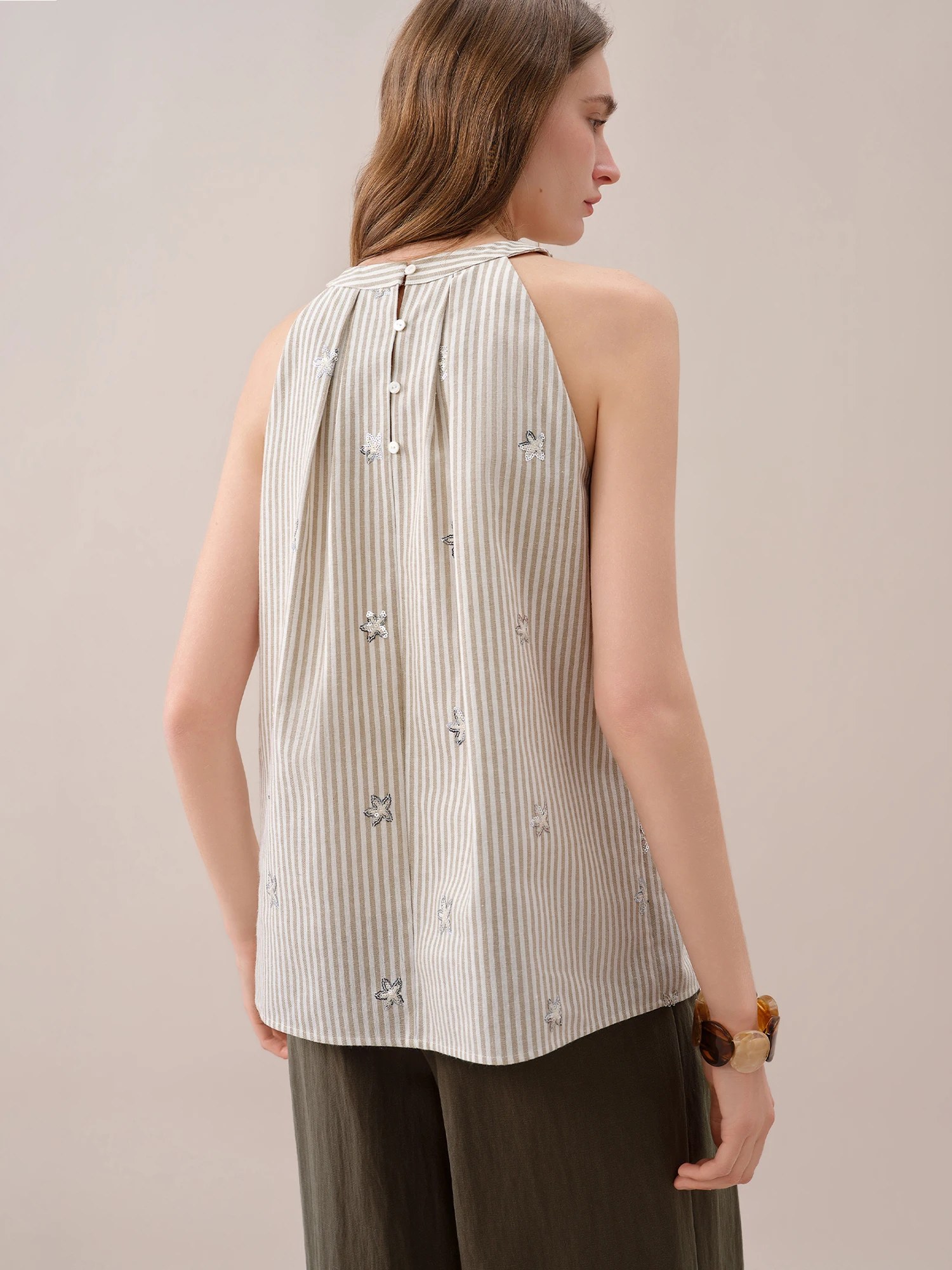 FSLE【Premium Series】2026 Summer Women's Striped Embroidered Sleeveless Blouse - Vacation Elegance Collection for Resort