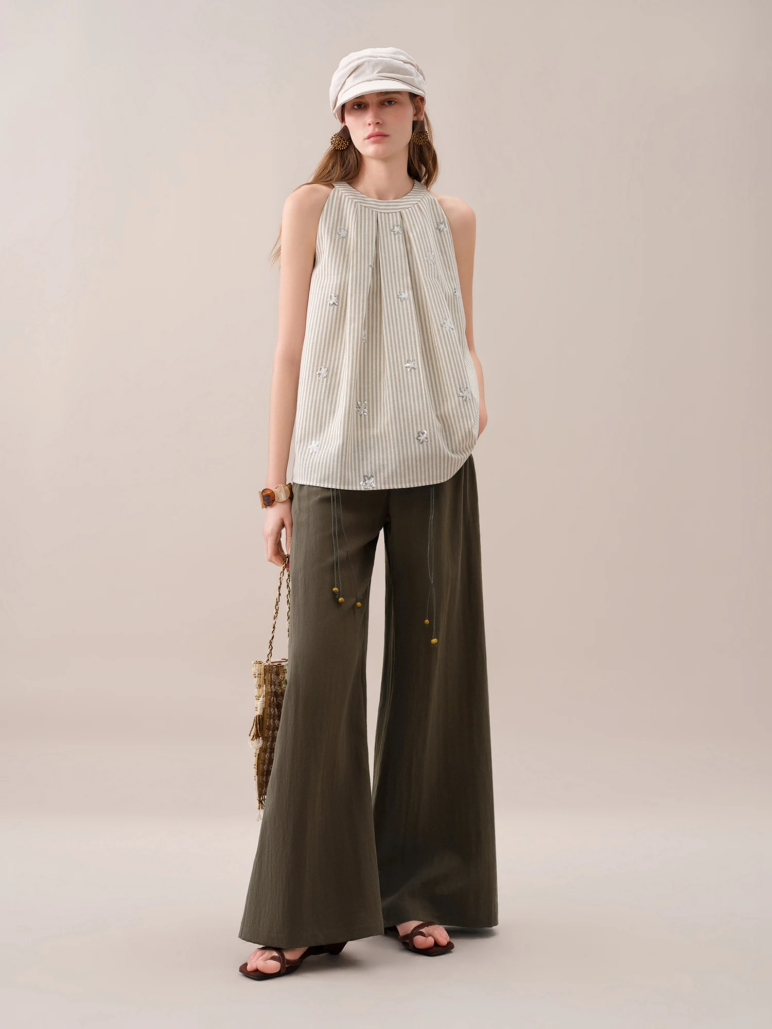FSLE【Premium Series】2026 Summer Women's Striped Embroidered Sleeveless Blouse - Vacation Elegance Collection for Resort