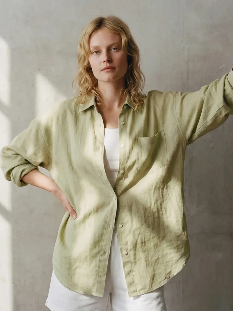 Linen Blue Button Down Shirt For Women Luxury Oversize Tops Summer Long Sleeve Basic Thin Women's White Linen Shirts Ladies Pink