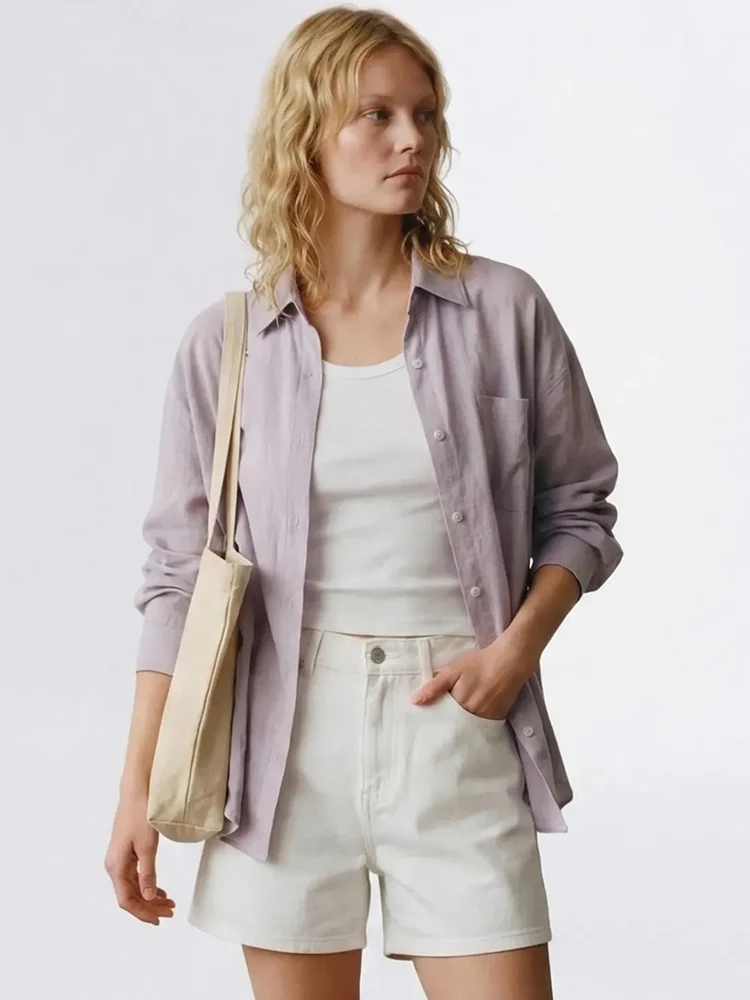 Linen Blue Button Down Shirt For Women Luxury Oversize Tops Summer Long Sleeve Basic Thin Women's White Linen Shirts Ladies Pink