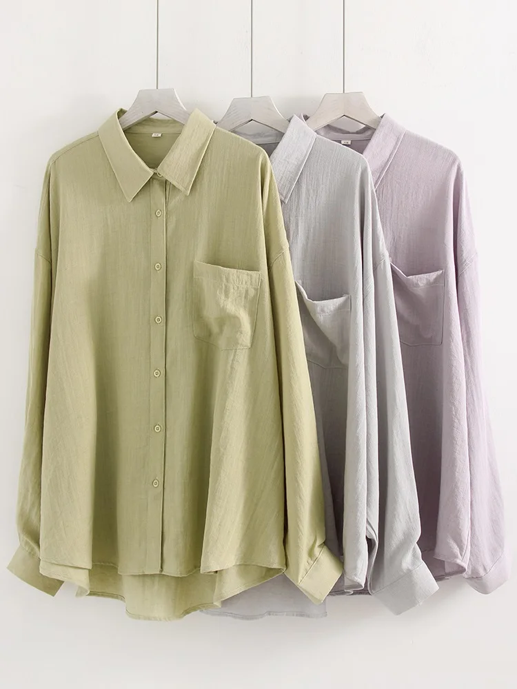 Linen Blue Button Down Shirt For Women Luxury Oversize Tops Summer Long Sleeve Basic Thin Women's White Linen Shirts Ladies Pink