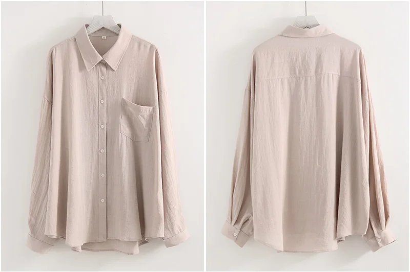 Linen Blue Button Down Shirt For Women Luxury Oversize Tops Summer Long Sleeve Basic Thin Women's White Linen Shirts Ladies Pink