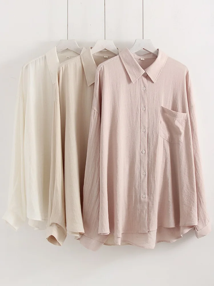 Linen Blue Button Down Shirt For Women Luxury Oversize Tops Summer Long Sleeve Basic Thin Women's White Linen Shirts Ladies Pink