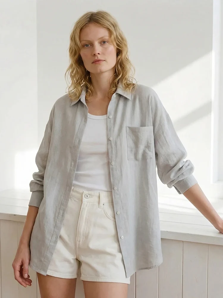 Linen Blue Button Down Shirt For Women Luxury Oversize Tops Summer Long Sleeve Basic Thin Women's White Linen Shirts Ladies Pink