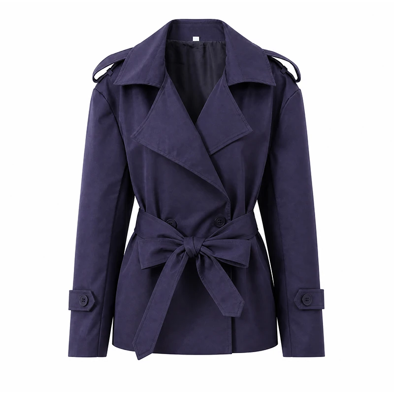 Solid Laepl Lace Up Trench Coat Women Fashion Full Sleeve Waist Cinching Short Windbreak 2026 New Autumn Office Commute Outwear