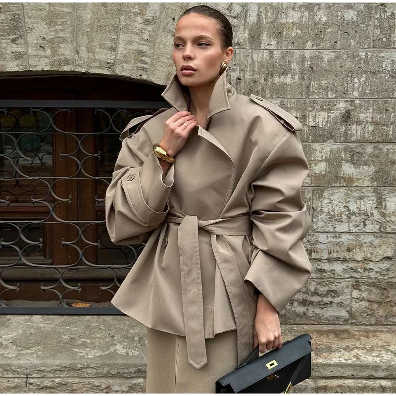 Solid Laepl Lace Up Trench Coat Women Fashion Full Sleeve Waist Cinching Short Windbreak 2026 New Autumn Office Commute Outwear