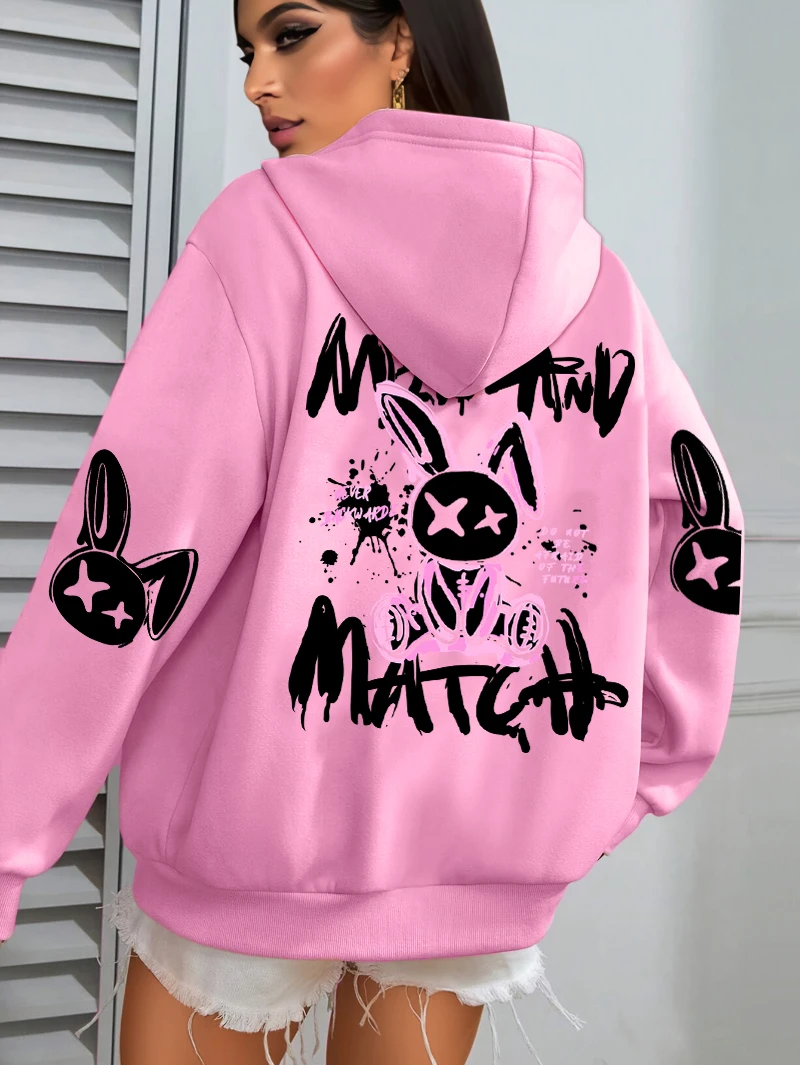 Mix And Match Cartoon Rabbit Prints Women Hoodie Pocket Streetwear Harajuku Loose Hoody All-Match Fleece Female Clothing