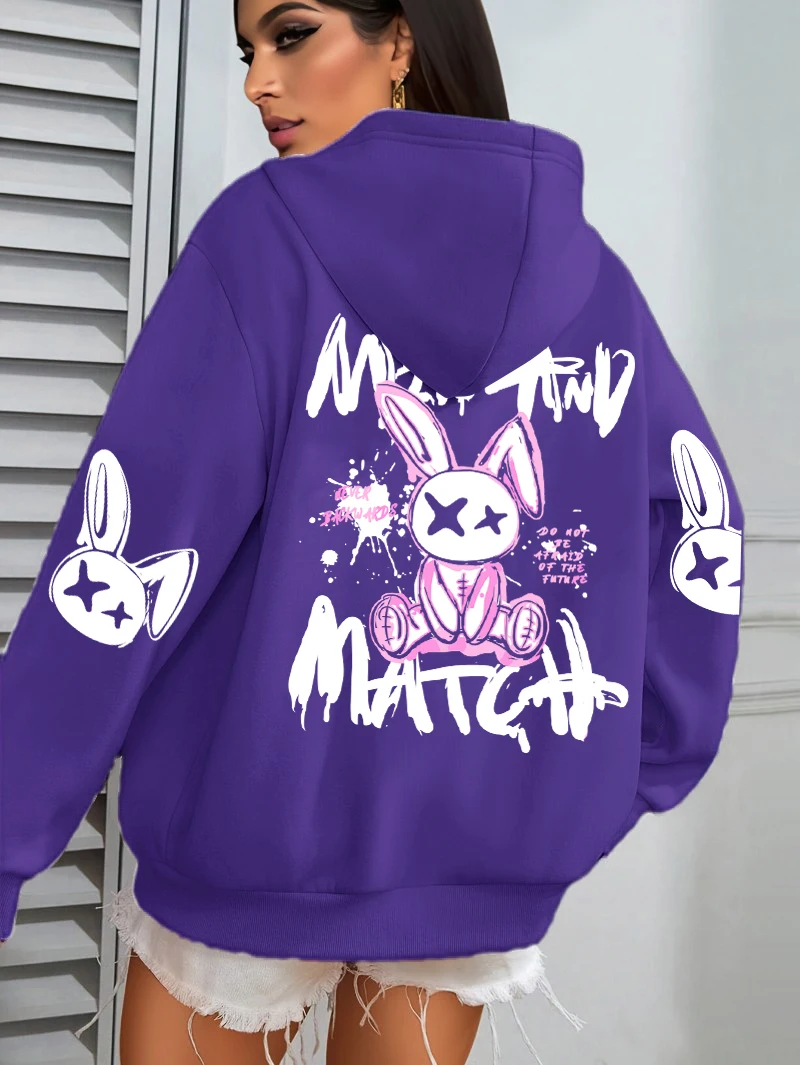 Mix And Match Cartoon Rabbit Prints Women Hoodie Pocket Streetwear Harajuku Loose Hoody All-Match Fleece Female Clothing