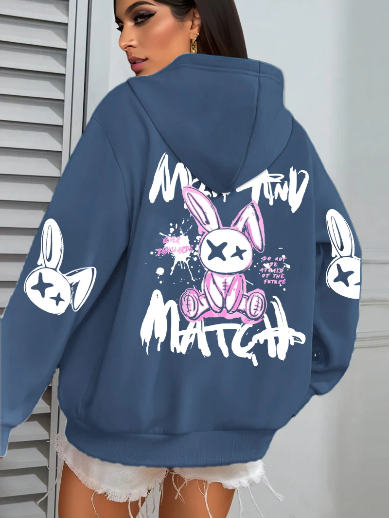Mix And Match Cartoon Rabbit Prints Women Hoodie Pocket Streetwear Harajuku Loose Hoody All-Match Fleece Female Clothing