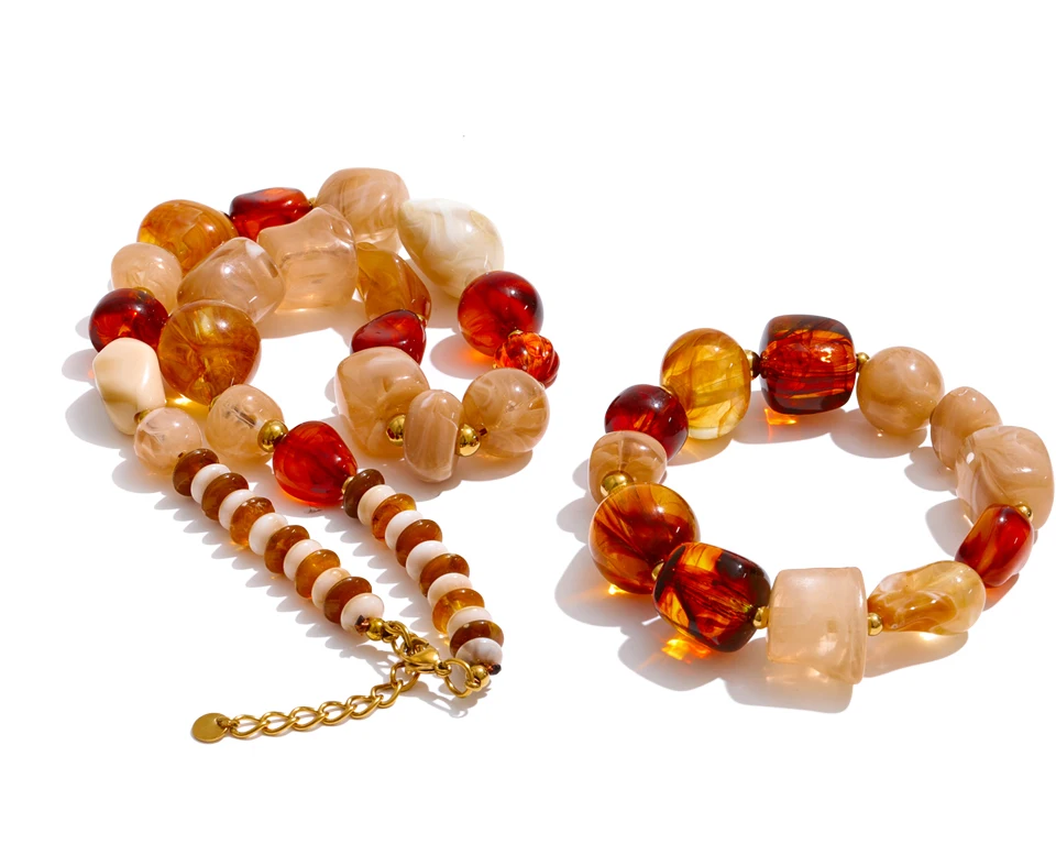 Yhpup Waterproof Acrylic Resin Beads Chain Handmade Necklace Bracelet Set Stainless Steel Distinctive Arrivals Jewelry