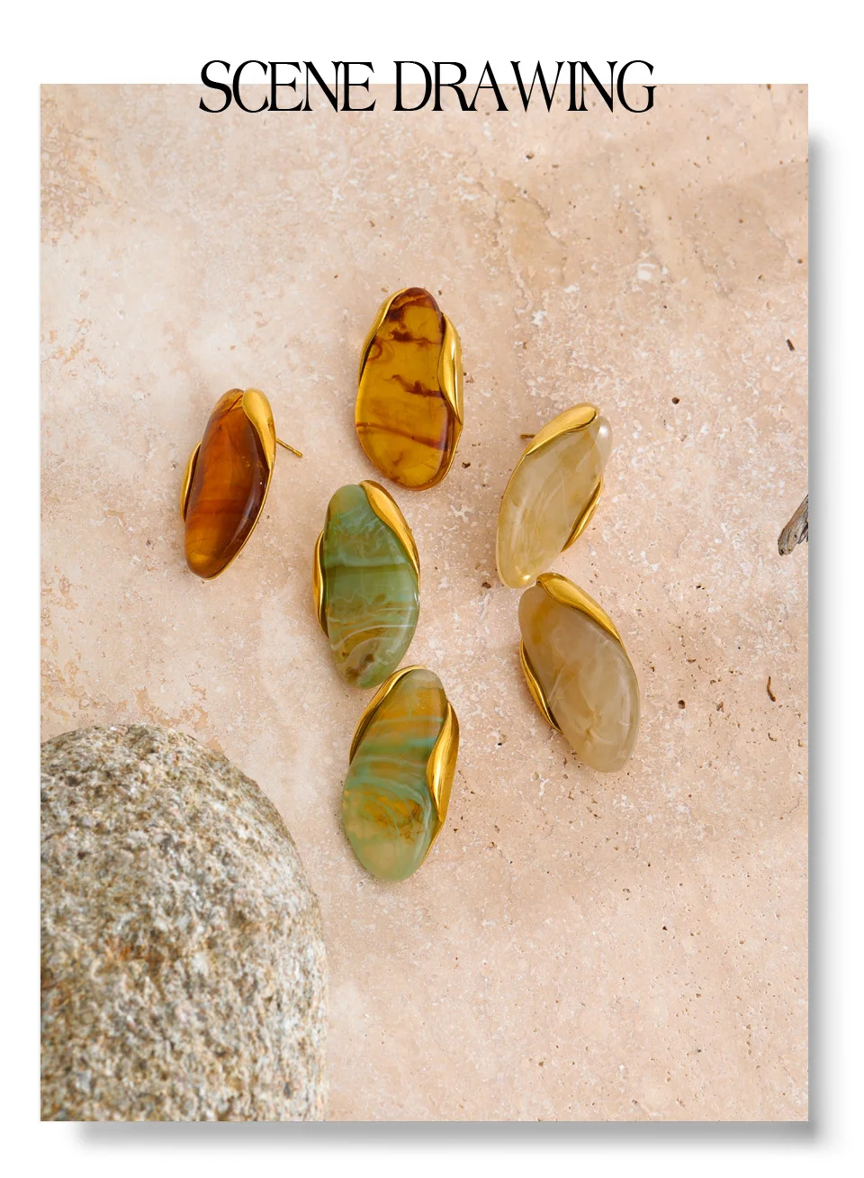 Yhpup New Resin Geometric Stud Earrings for Women 18K Golden Plated Stainless Steel Fashion Daily Jewelry Brown Green Beige