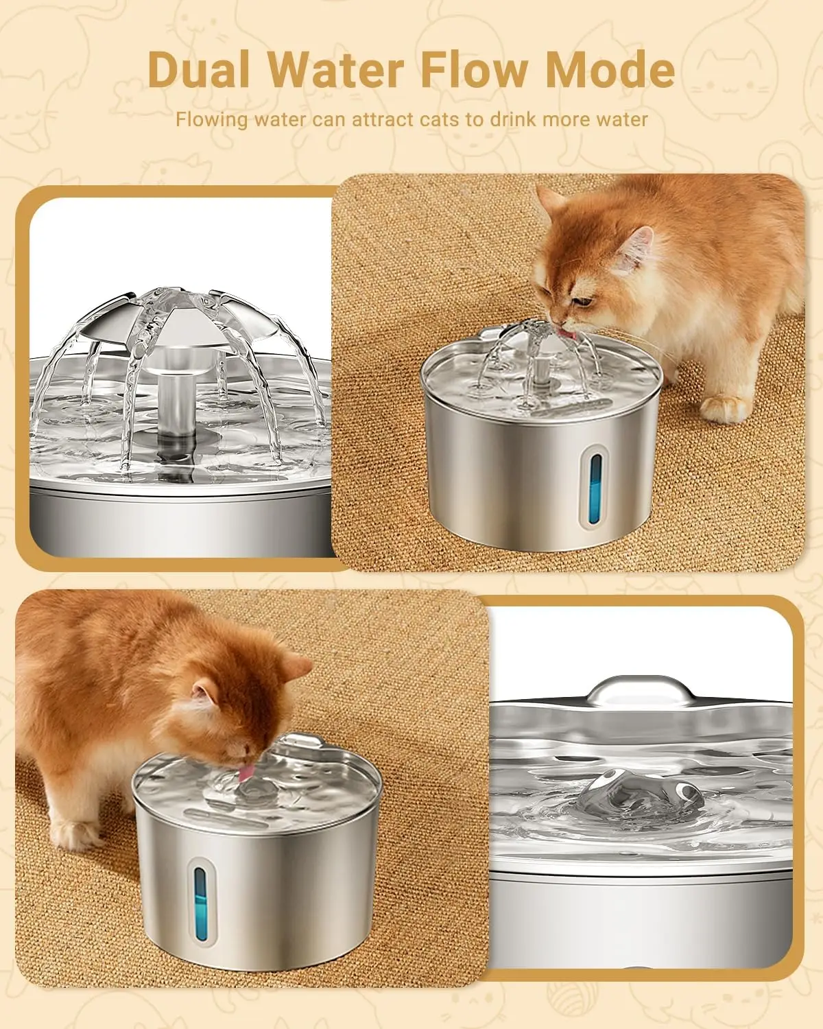 2.2L Stainless Steel Pet Water Dispenser with Dual Outlet Mode and Flower Outlet Design Makes Pets Enjoy Drinking Water More