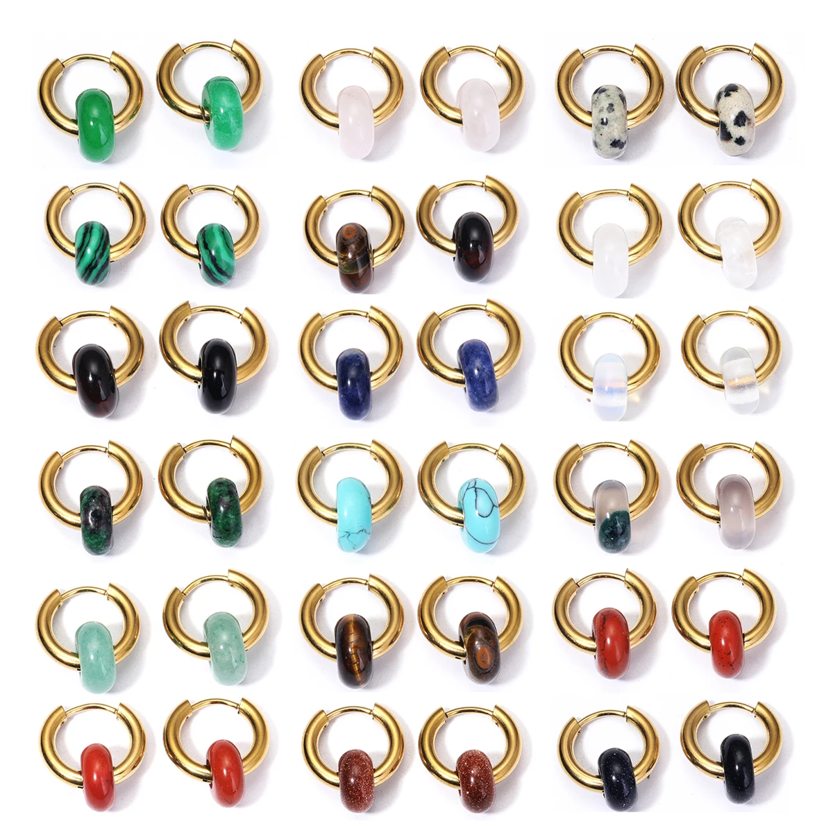 Classic Fashion Natural Stone Round Bead Hoop Earrings Woman Turquoises 3.0mm Thick Stainless Steel Ear Buckle Earrings Jewelry