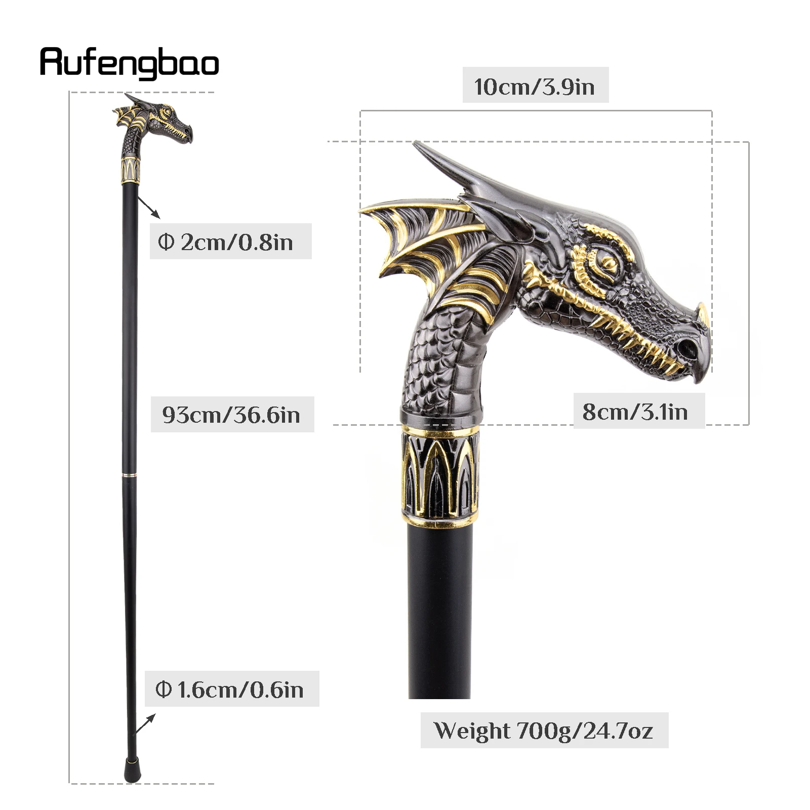 Black Golden Dragon Head Fashion Walking Stick Decorative Stick Cospaly Vintage Party Fashionable Walking Cane Crosier 93cm