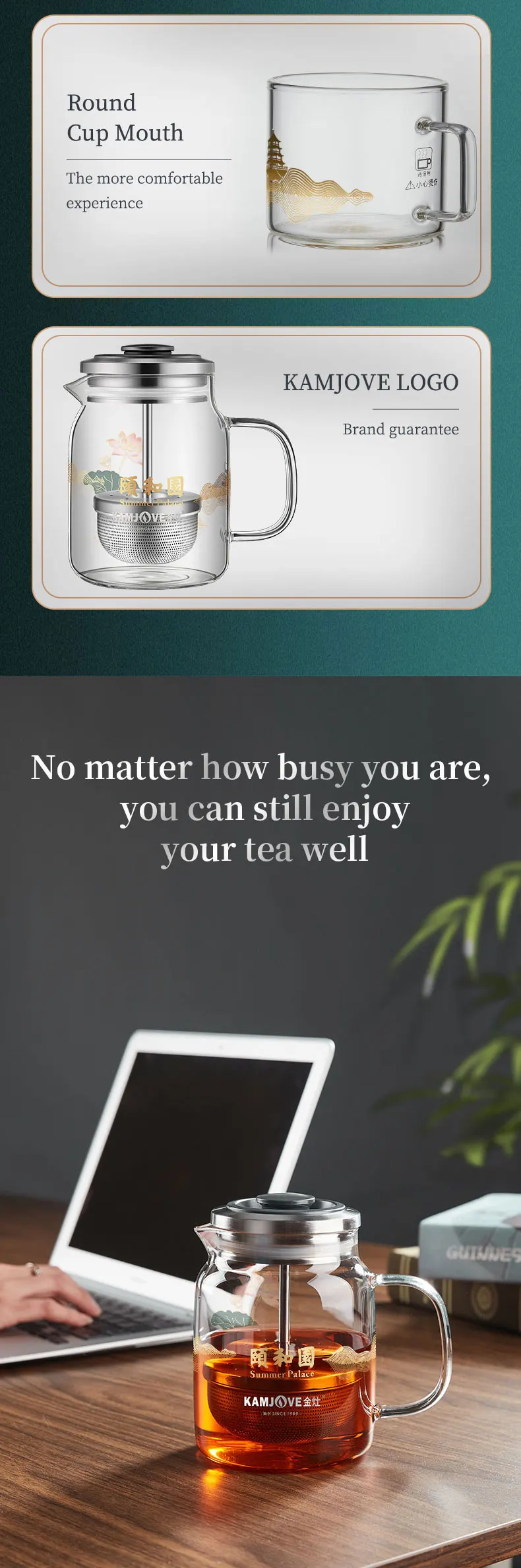 KAMJOVE Heat-Resistant Glass Tea Kettle with Infuser,Tea Pot with Separation Kettle Press Pu 'er Pot,304 Stainless Steel Filter