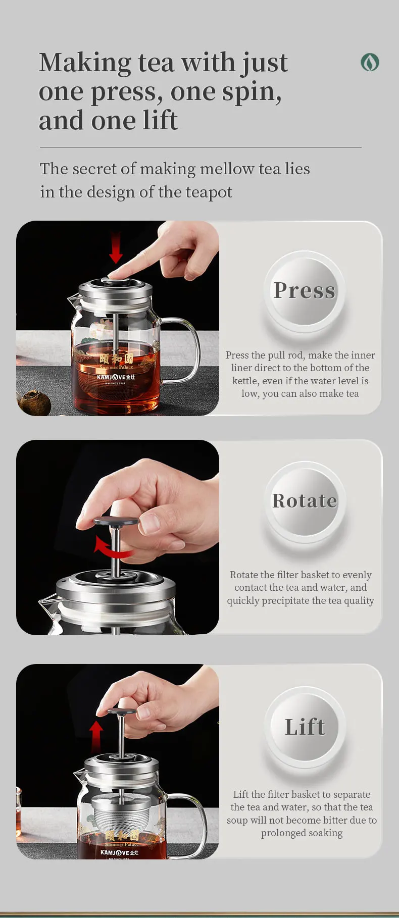 KAMJOVE Heat-Resistant Glass Tea Kettle with Infuser,Tea Pot with Separation Kettle Press Pu 'er Pot,304 Stainless Steel Filter