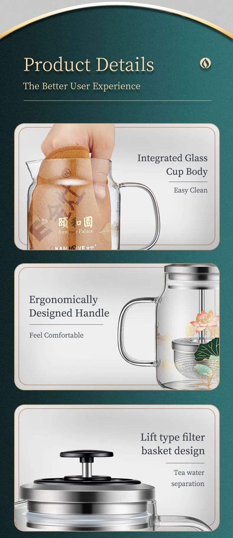KAMJOVE Heat-Resistant Glass Tea Kettle with Infuser,Tea Pot with Separation Kettle Press Pu 'er Pot,304 Stainless Steel Filter