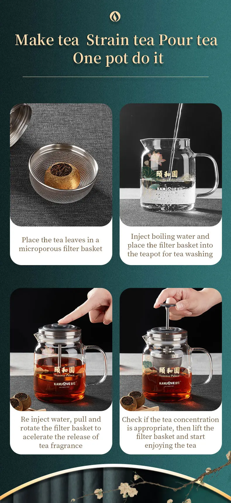 KAMJOVE Heat-Resistant Glass Tea Kettle with Infuser,Tea Pot with Separation Kettle Press Pu 'er Pot,304 Stainless Steel Filter
